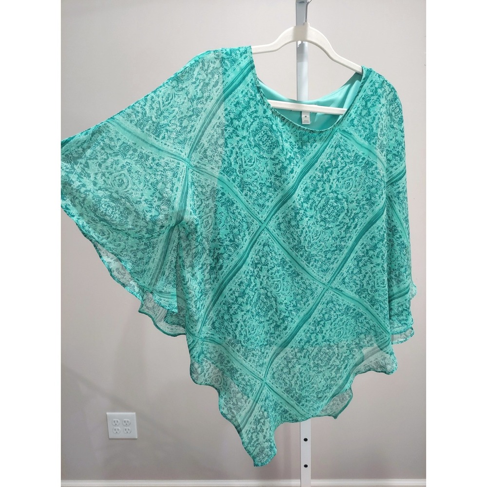 Dana Buchman Teal Green Damask Chiffon Poncho Blouse M Handkerchief Hem Poncho